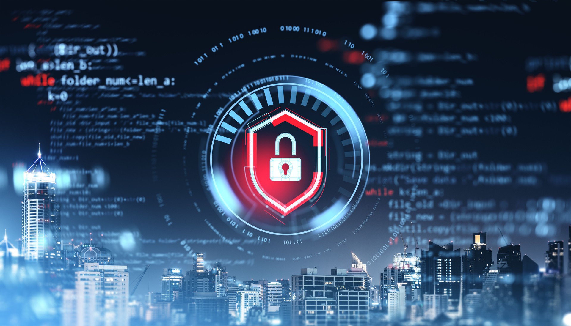 Digital security lock icon over virtual cityscape with programming code elements.